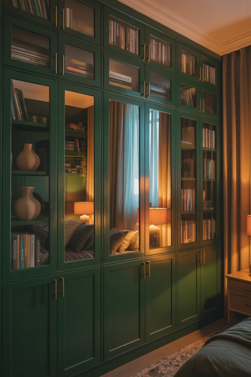 IKEA BILLY bookcase built-in hack for small bedroom with green paint and brass handles