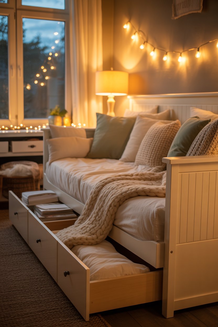 IKEA HEMNES daybed with storage drawers styled as a sofa in a small, cozy bedroom