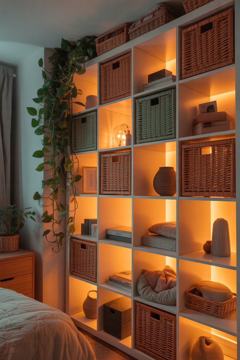 IKEA KALLAX floor-to-ceiling storage hack for a small bedroom with cozy, warm lighting