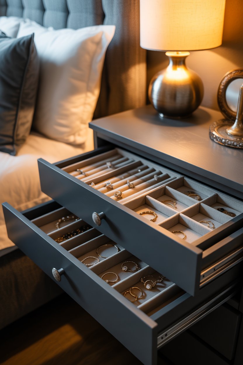 IKEA KOMPLEMENT velvet drawer inserts for jewelry organization in a small bedroom