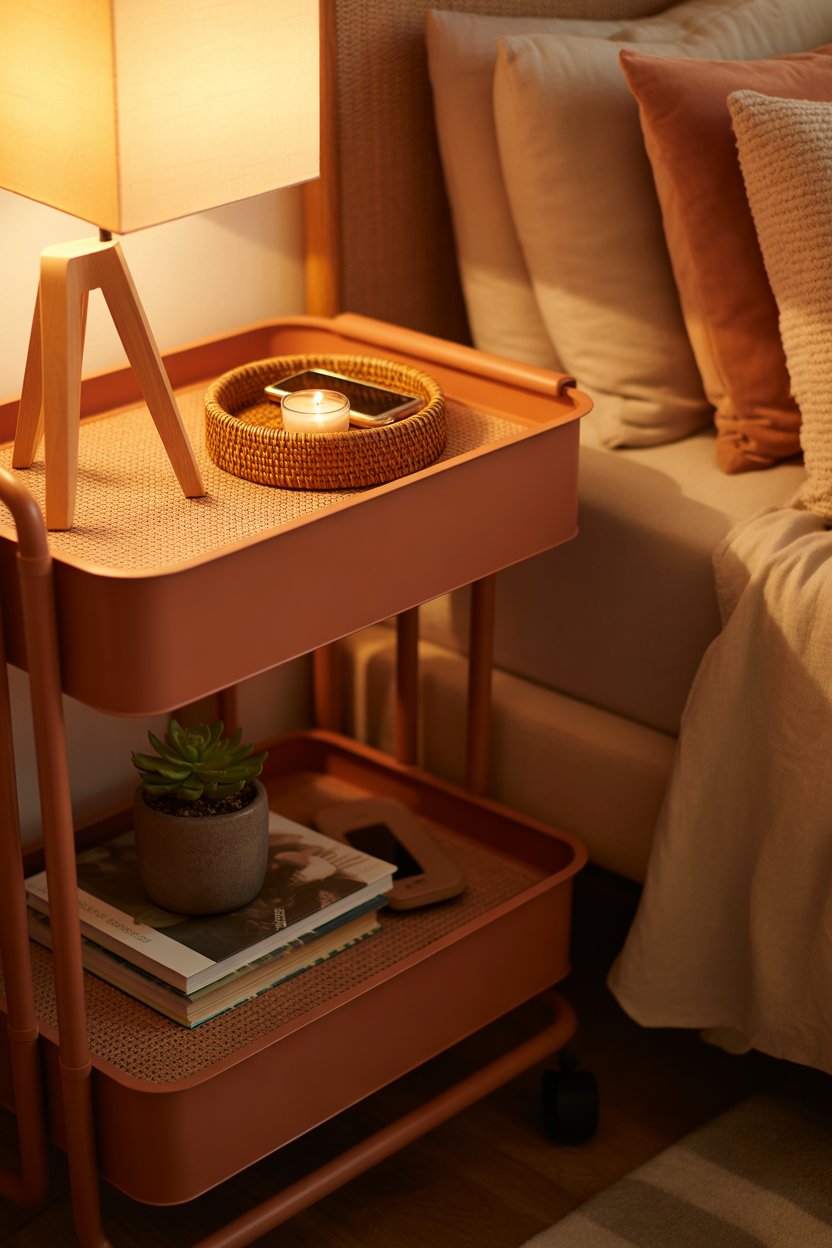 IKEA RÅSKOG cart spray-painted terracotta used as a DIY bedside table in a small bedroom