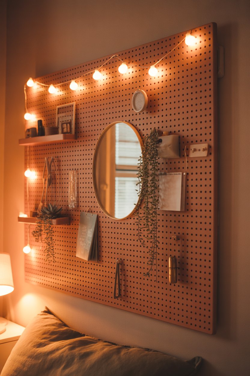 IKEA SKÅDIS pegboard wall storage hack for small bedroom with fairy lights and plants