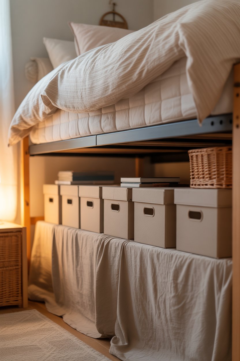 Bed risers with IKEA storage boxes under the bed hack for small bedroom space saving