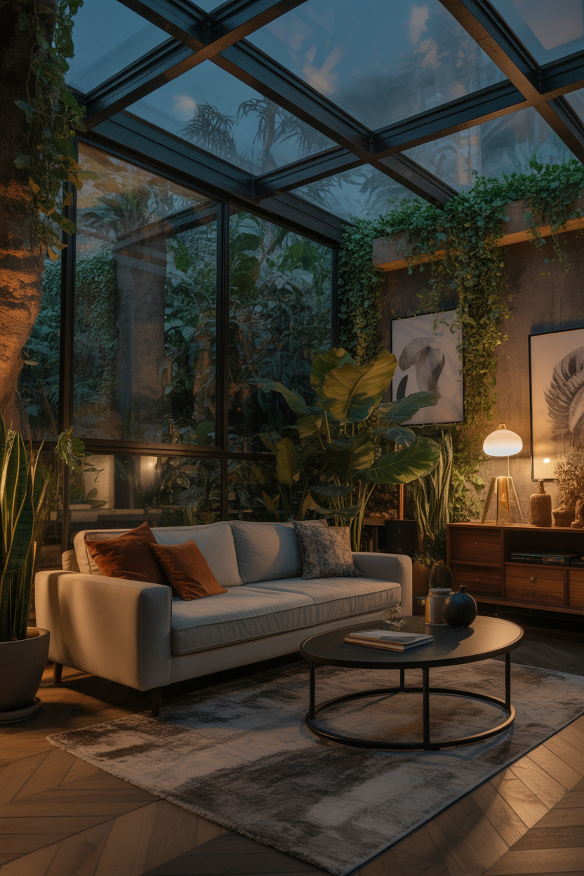 Moody maximalist living room ideas, indoor jungle greenery, luxury vibe