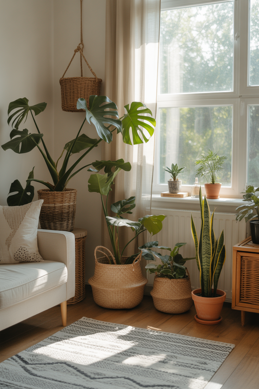 Indoor plants decorating an earthy boho living room with natural light