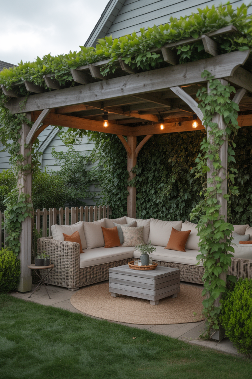 ivy covered pergola patio ideas with sectional seating for a cozy backyard space