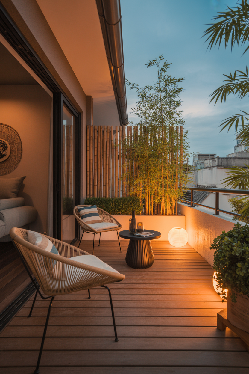 Japandi balcony ideas with bamboo accents and cozy lighting