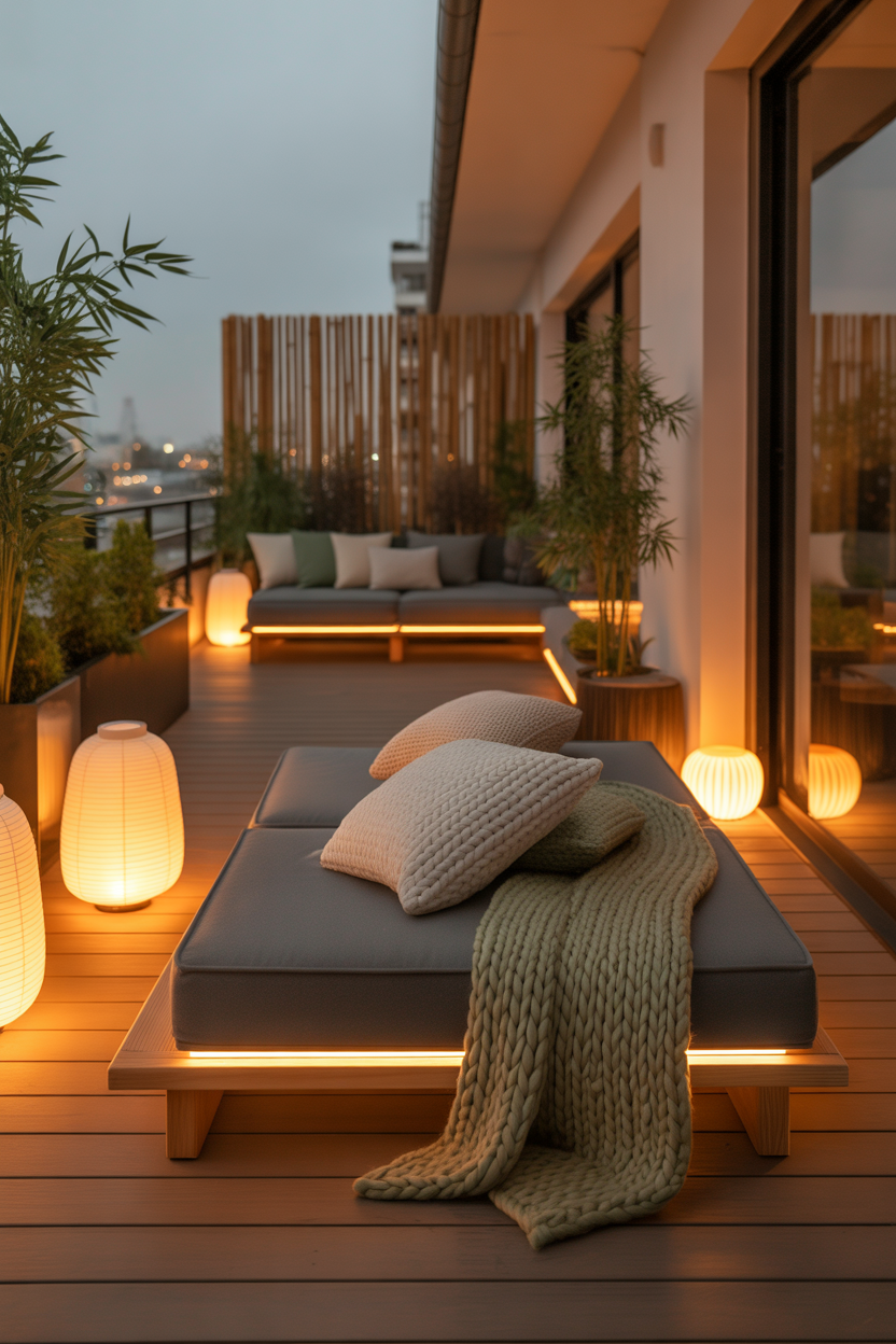 Japandi balcony ideas with cozy blankets and warm lighting
