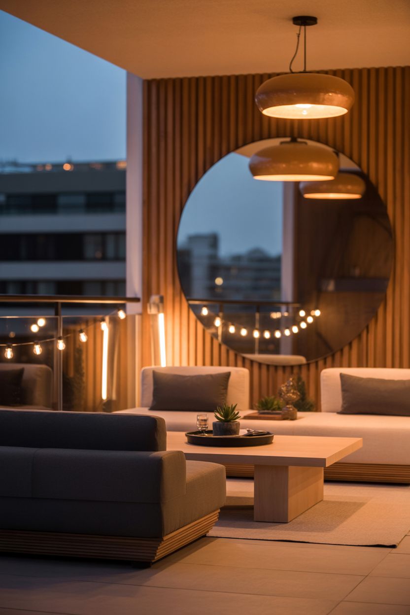 Japandi balcony ideas with a mirror for a small space illusion