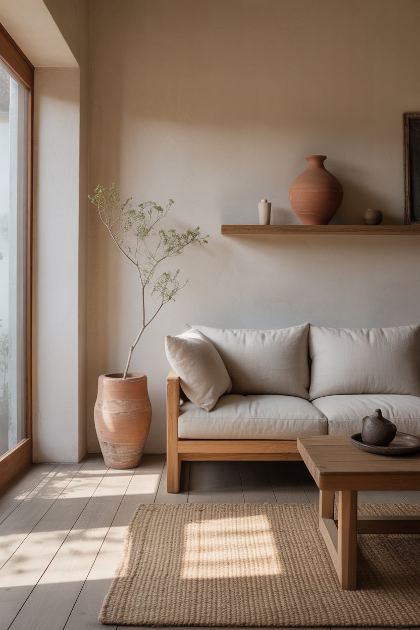 Japandi wabi sabi living room with linen sofa, terracotta vessel, and jute rug in warm natural light