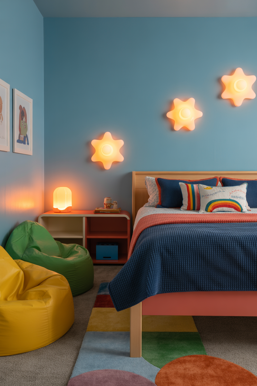 Ultra HD kid-friendly blue guest bedroom with colorful accents, cozy night-mode lighting, durable furniture, and playful, inviting aesthetic