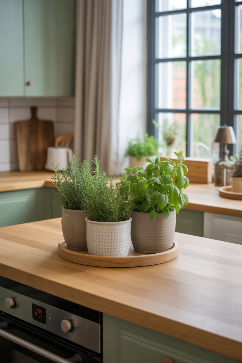 kitchen island decor ideas with fresh greenery and herbs