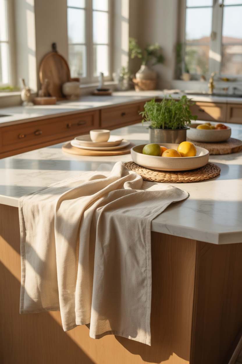 kitchen island decor ideas with layered textiles