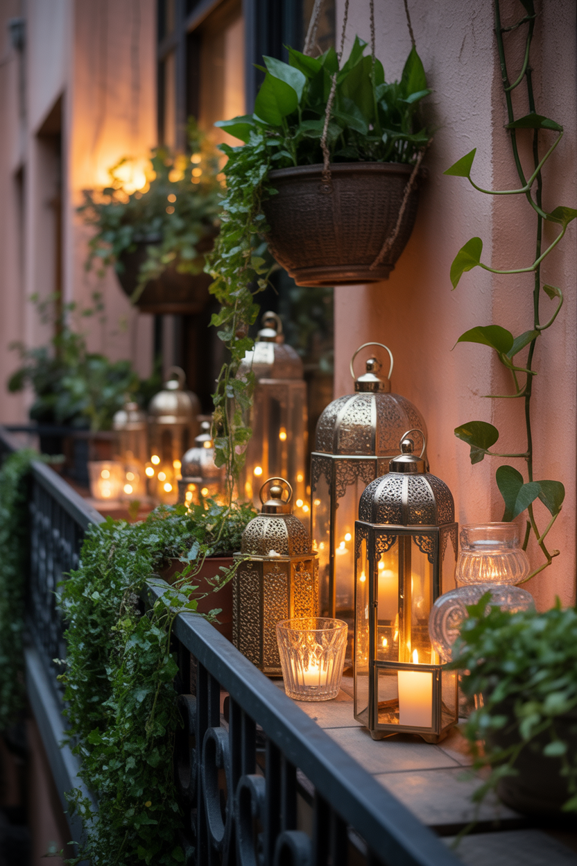 Cluster of lanterns with candles on apartment balcony for golden hour summer evening decor