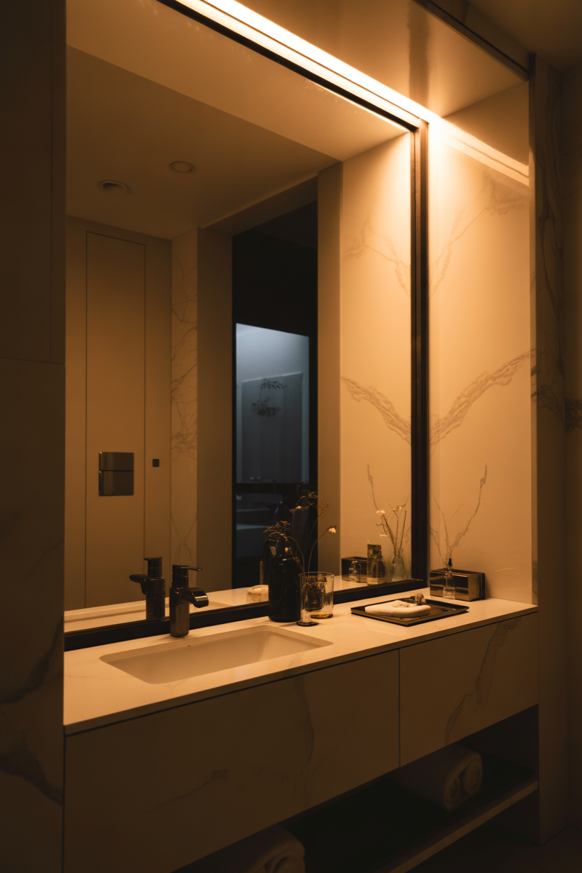 Large mirror, small bathroom illusion of space, modern luxury design