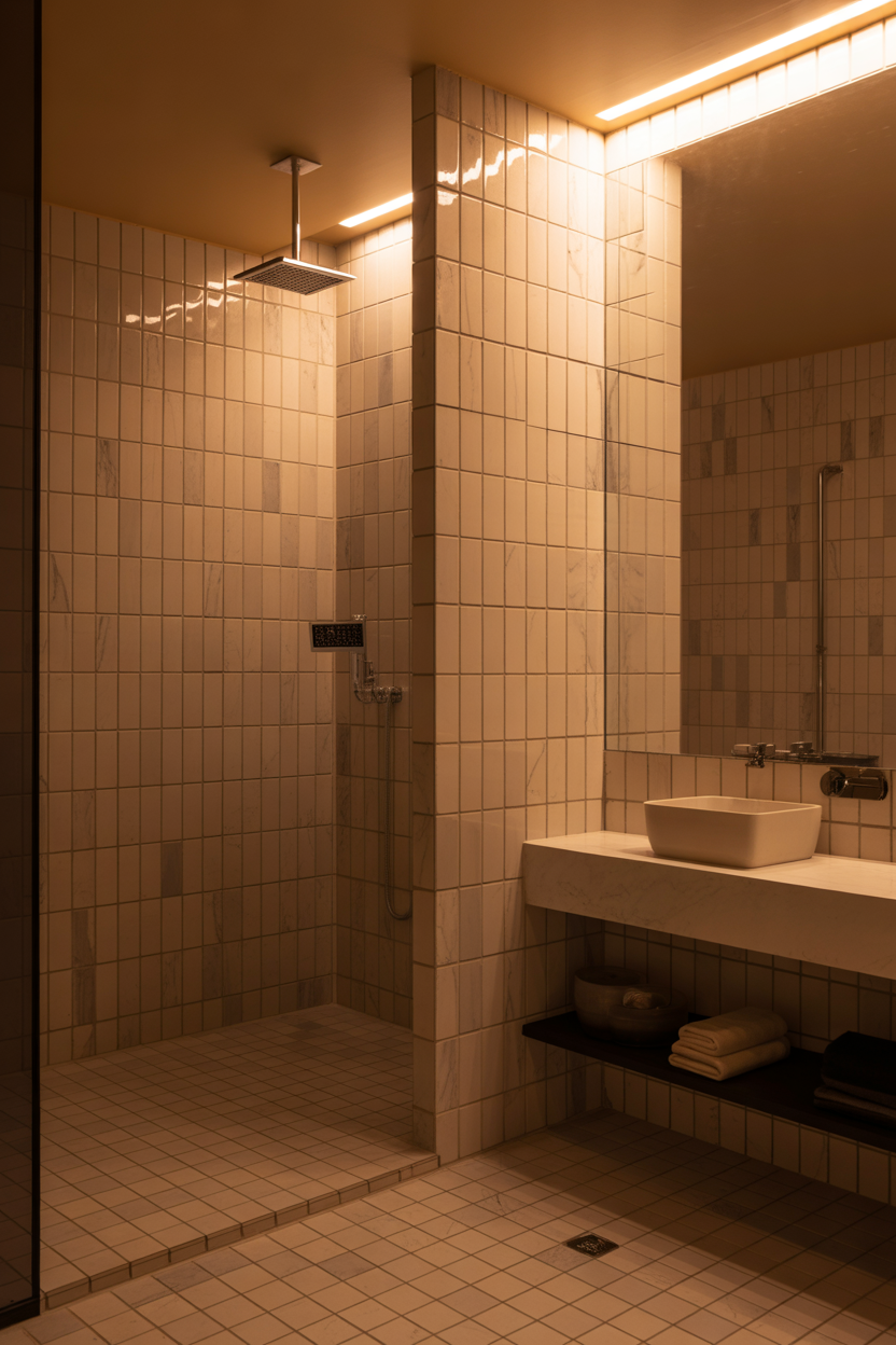 Large tiles, small bathroom, minimal grout, luxury modern design