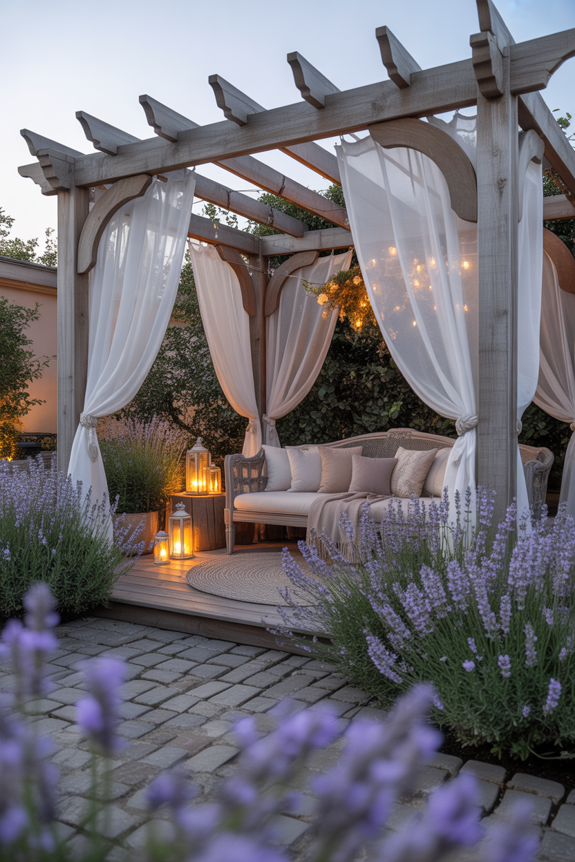 lavender pergola patio ideas with cobblestone and romantic garden design