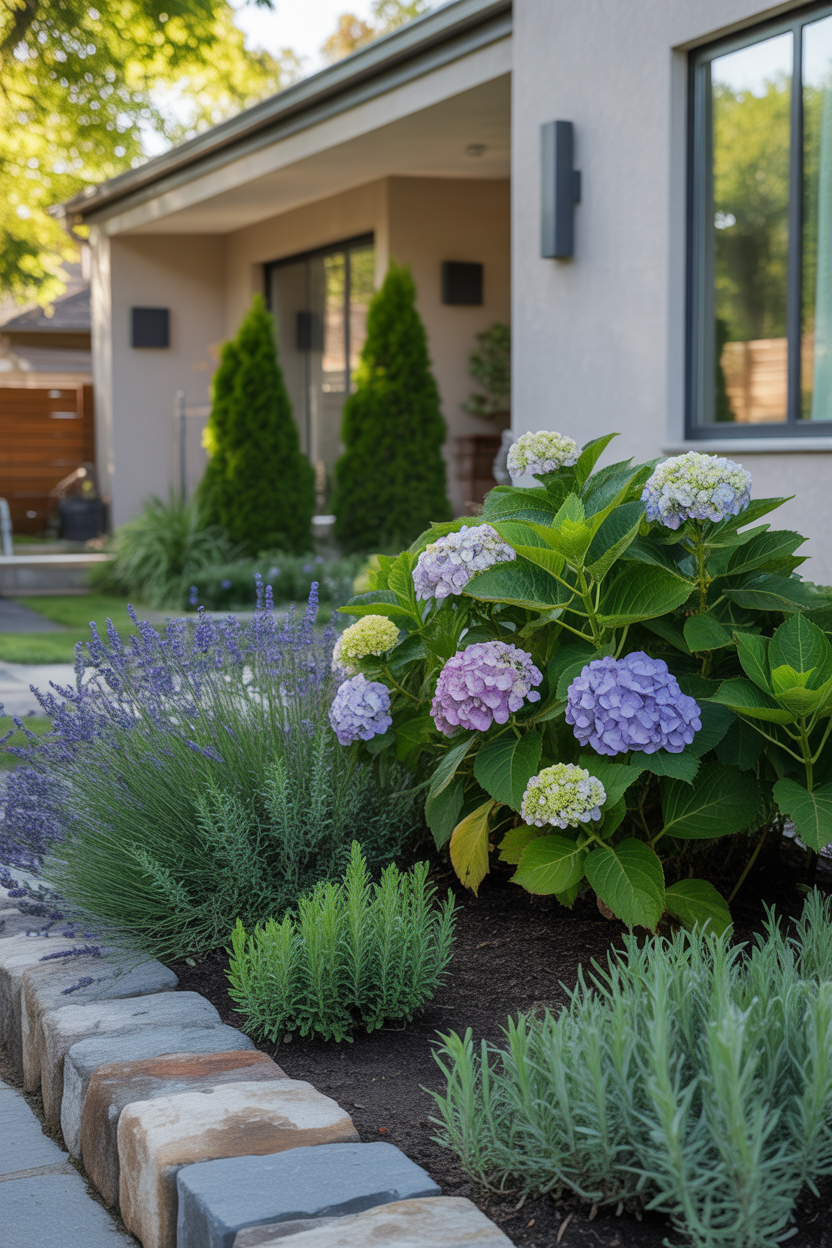 layered front yard hydrangea landscaping with mixed plants and textures