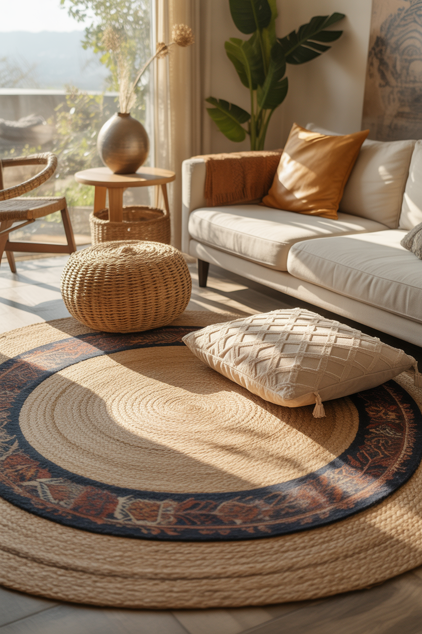 layered jute and woven rugs in cozy, earthy boho living room