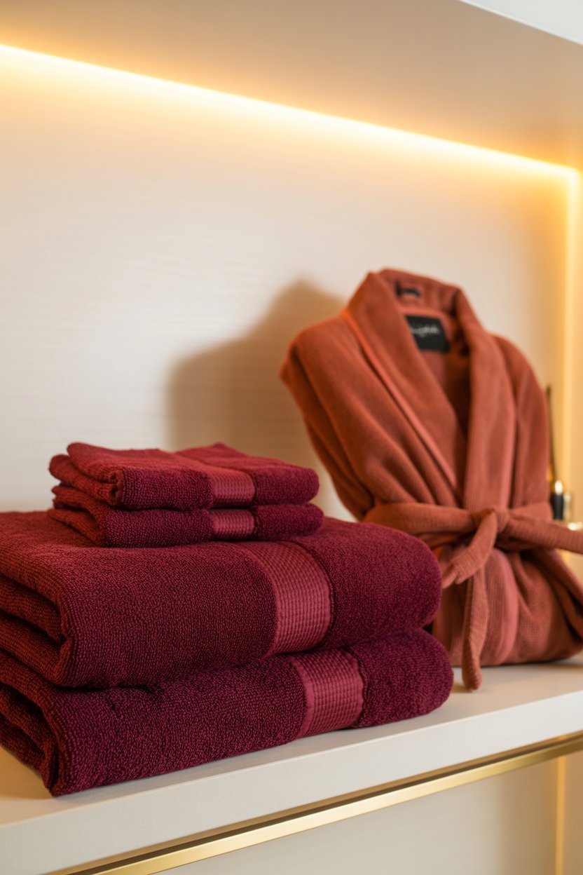 Layered red bathroom towels in crimson, burgundy, and terracotta on open shelving for a boutique hotel look