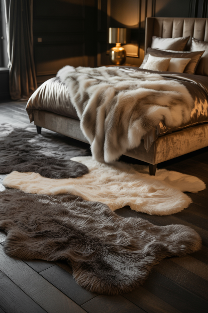 dark fantasy bedroom with layered rugs and faux fur throws