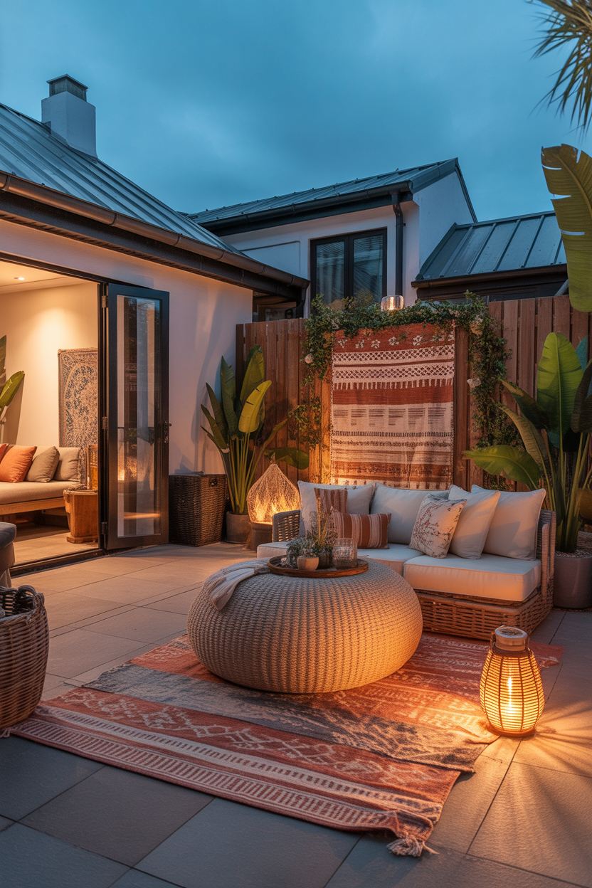 small backyard ideas with layered rugs and cozy seating