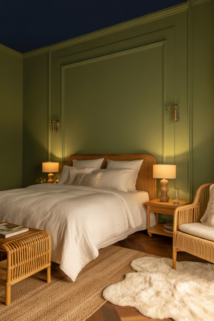Green guest bedroom with layered linen, rattan, and wood textures