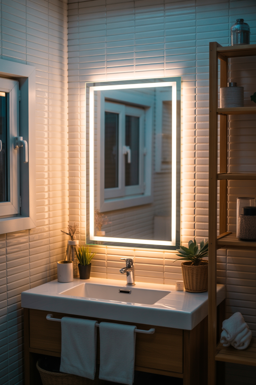 LED coastal bathroom mirror ideas with glowing modern lighting