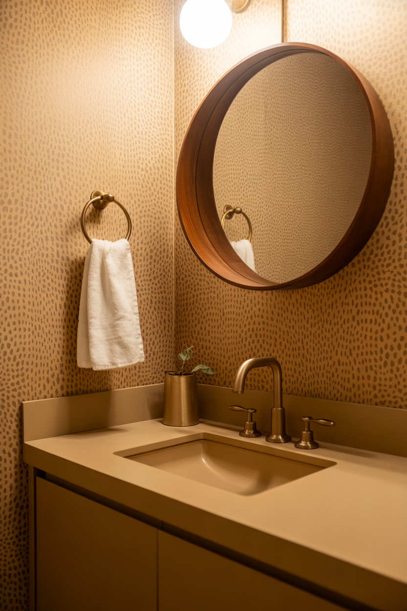 Muted natural leopard print wallpaper in a stylish powder room with brass fixtures and a wood-framed round mirror