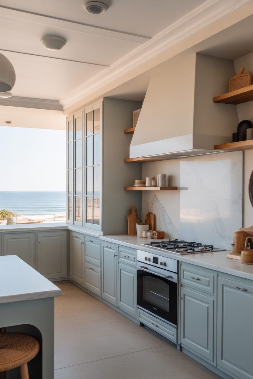 Light blue-grey coastal kitchen cabinets with elegant ocean-inspired design