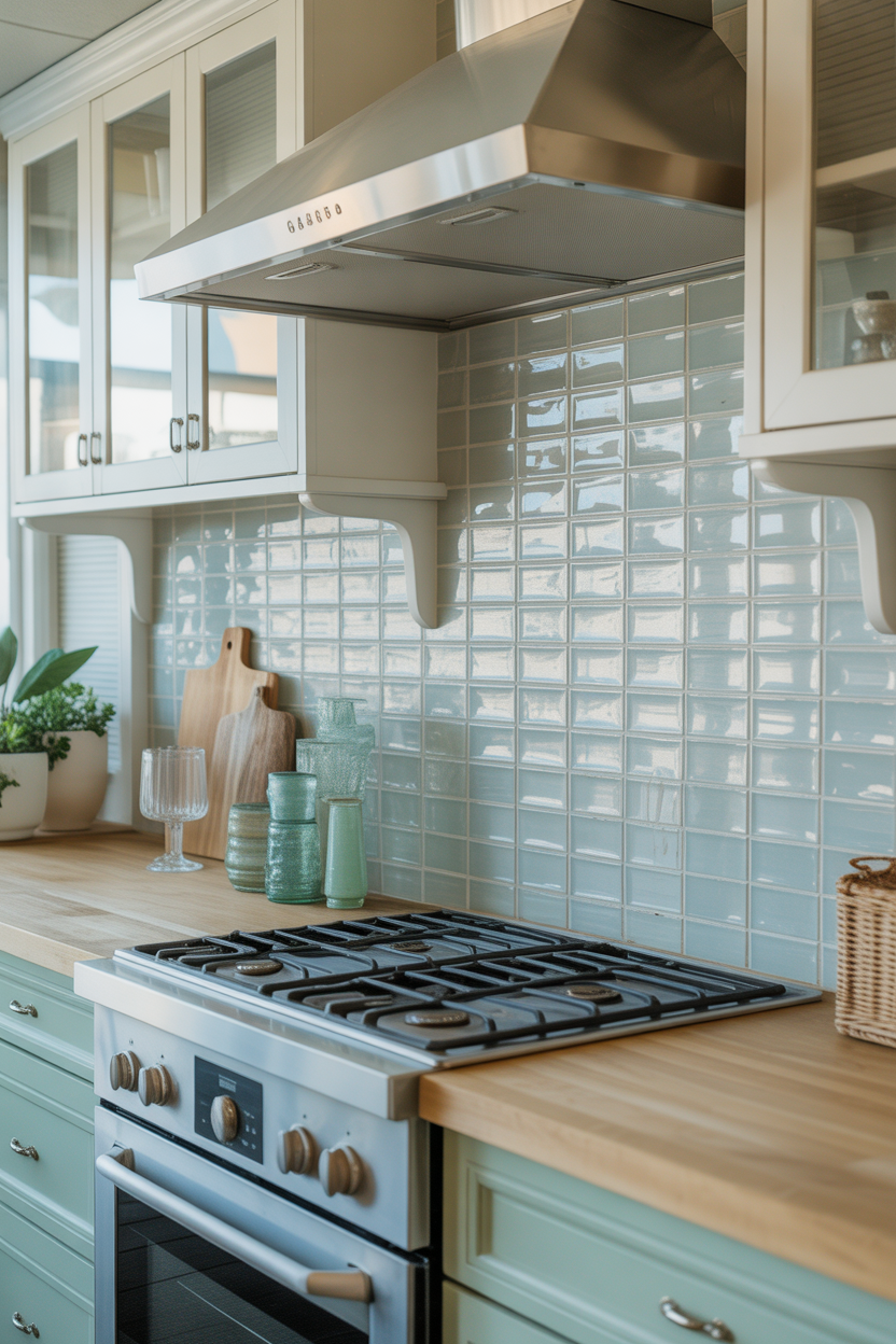 Light gray coastal kitchen backsplash with modern neutral beach vibe