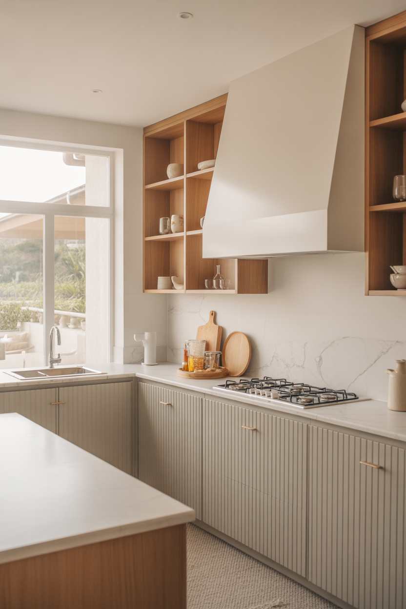 Light gray coastal kitchen cabinets with modern, airy beach design