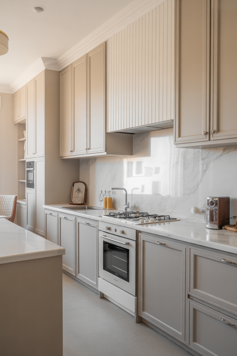 Light gray coastal kitchen cabinets with modern beach-inspired design