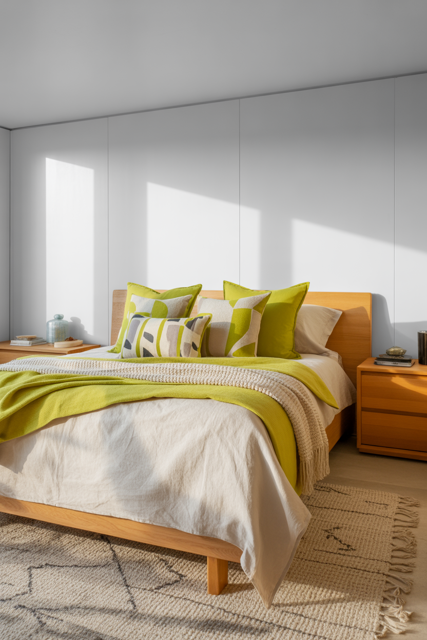 Modern guest bedroom with lime green accents and playful decor