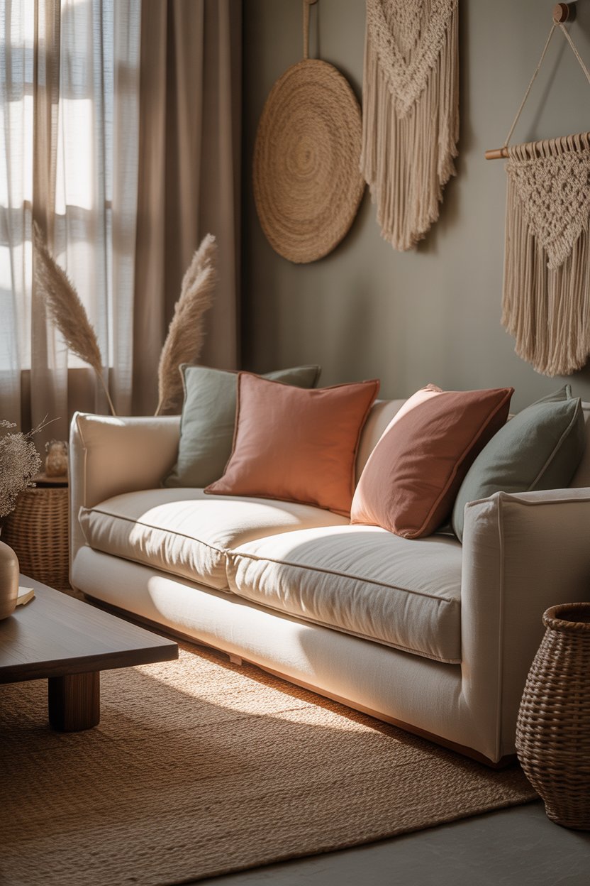 Boho tiny living room linen cushions, cotton textures, soft natural lighting, cozy aesthetic