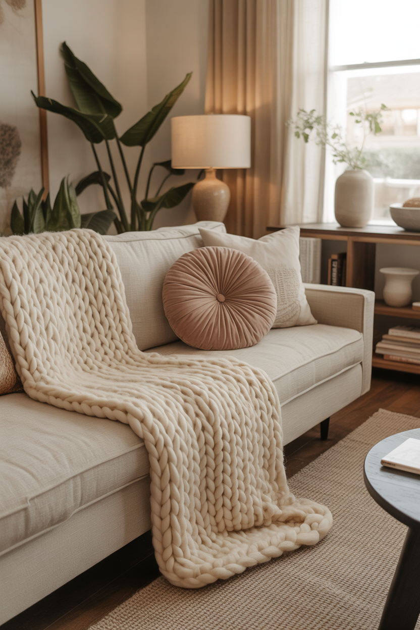 cozy linen sofa with throw blanket in earthy boho living room