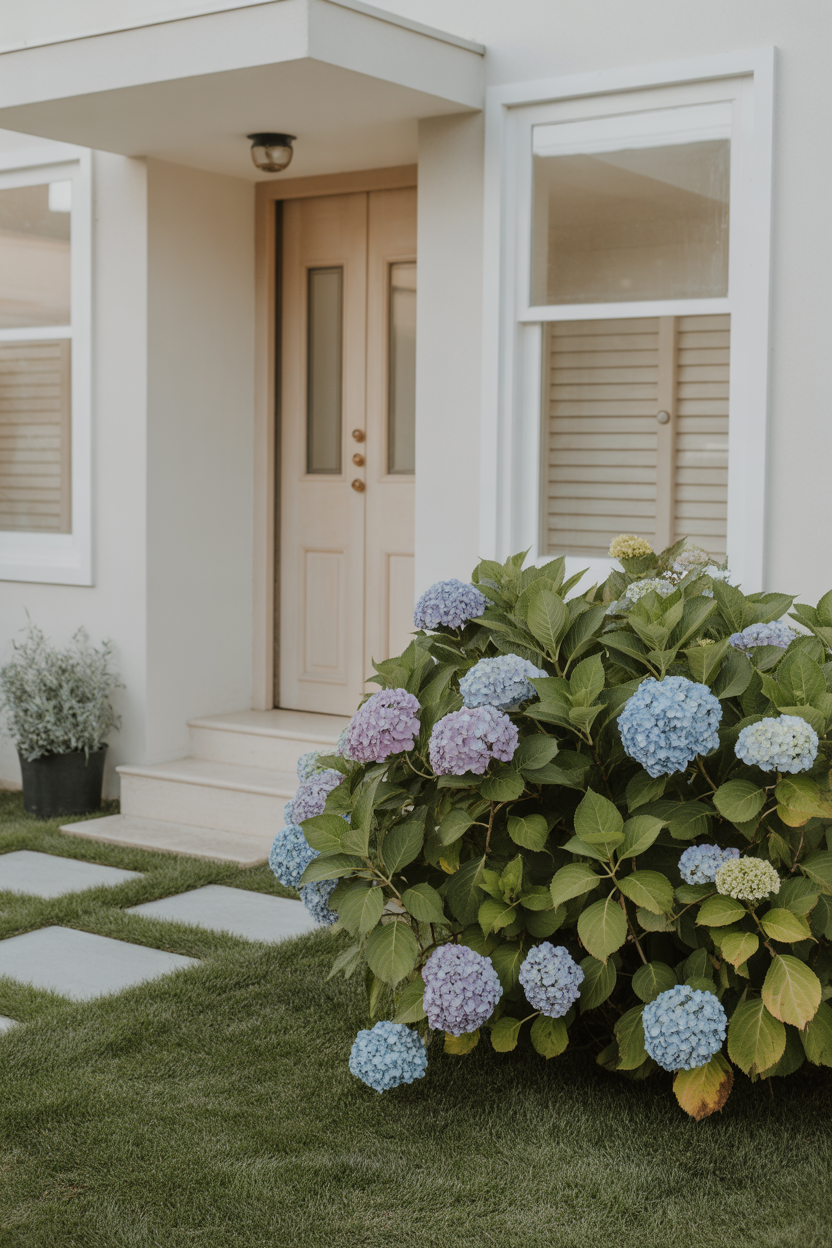 low maintenance front yard hydrangea landscaping idea with simple design