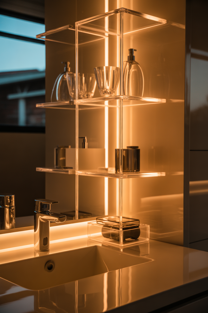 Lucite bathroom accessories, transparent, modern luxury, small space