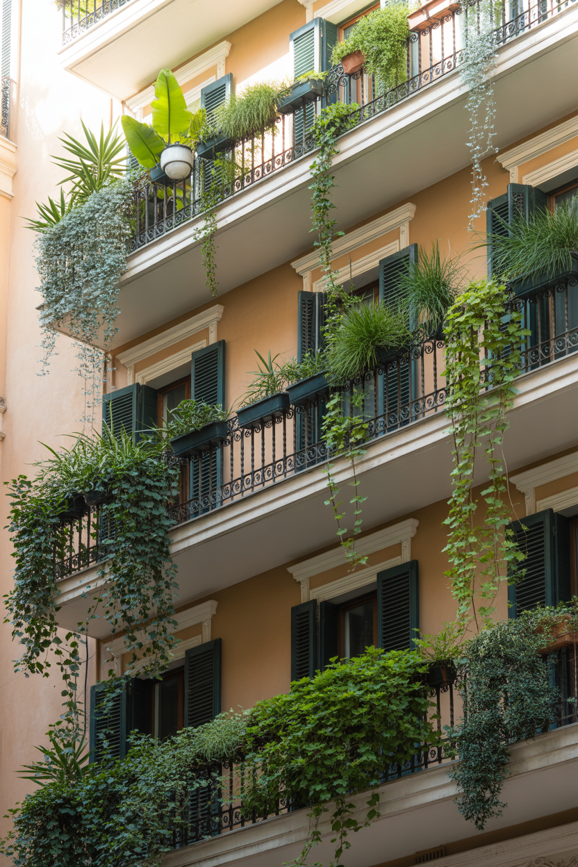 Lush green balcony garden with a natural European spring retreat vibe