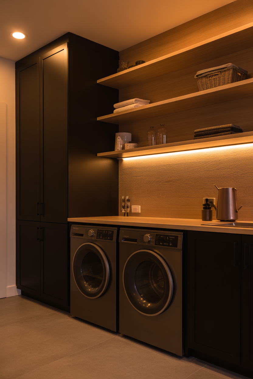 cozy basement laundry room ideas with wood and black contrast