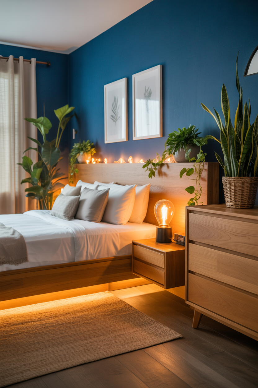 Ultra HD nature-inspired blue guest bedroom with wooden furniture, indoor plants, cozy night-mode lighting, and calm organic aesthetic