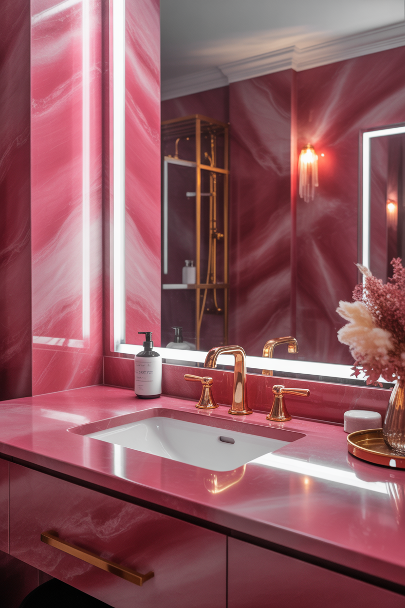 pink marble bathroom ideas with a luxury vanity countertop