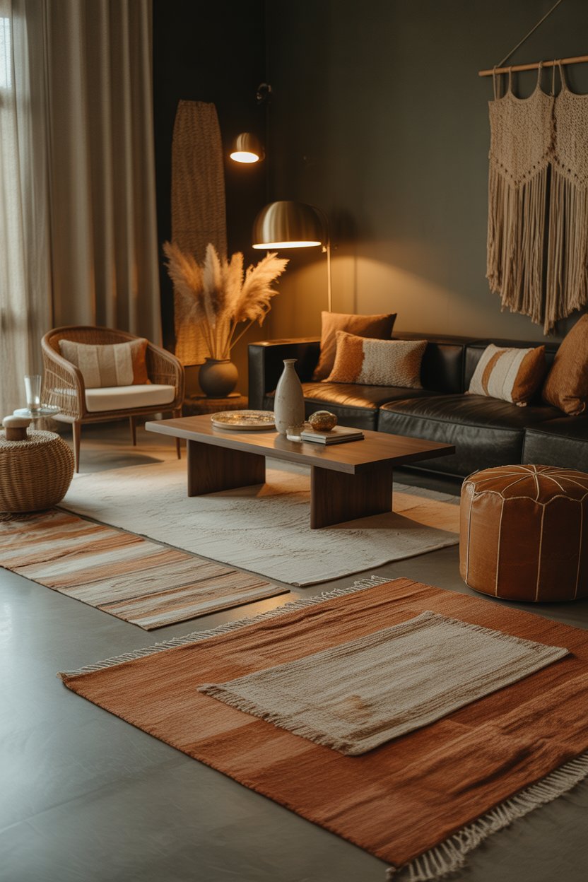 Small boho living room with macrame wall hanging and cozy aesthetic