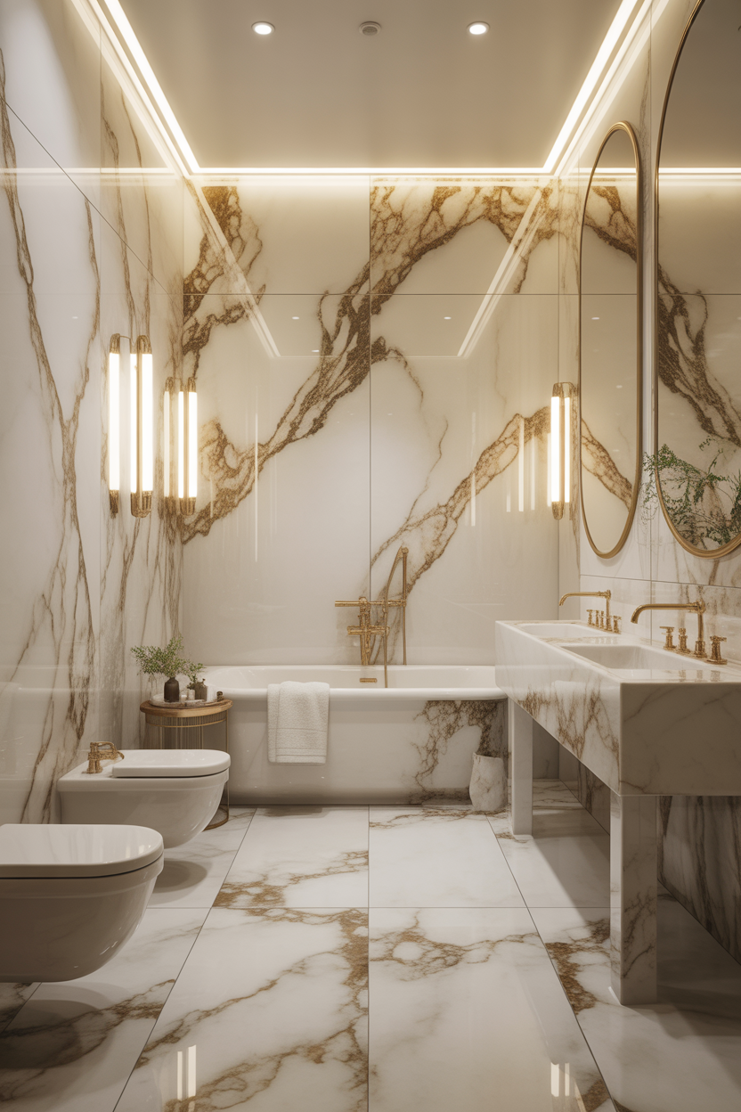 Art Deco bathroom with marble and gold luxury elements