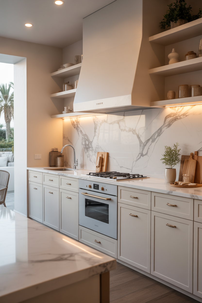 Elegant marble coastal kitchen backsplash with soft luxury and modern design