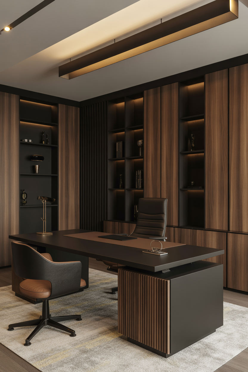 modern masculine home office with wood and black decor