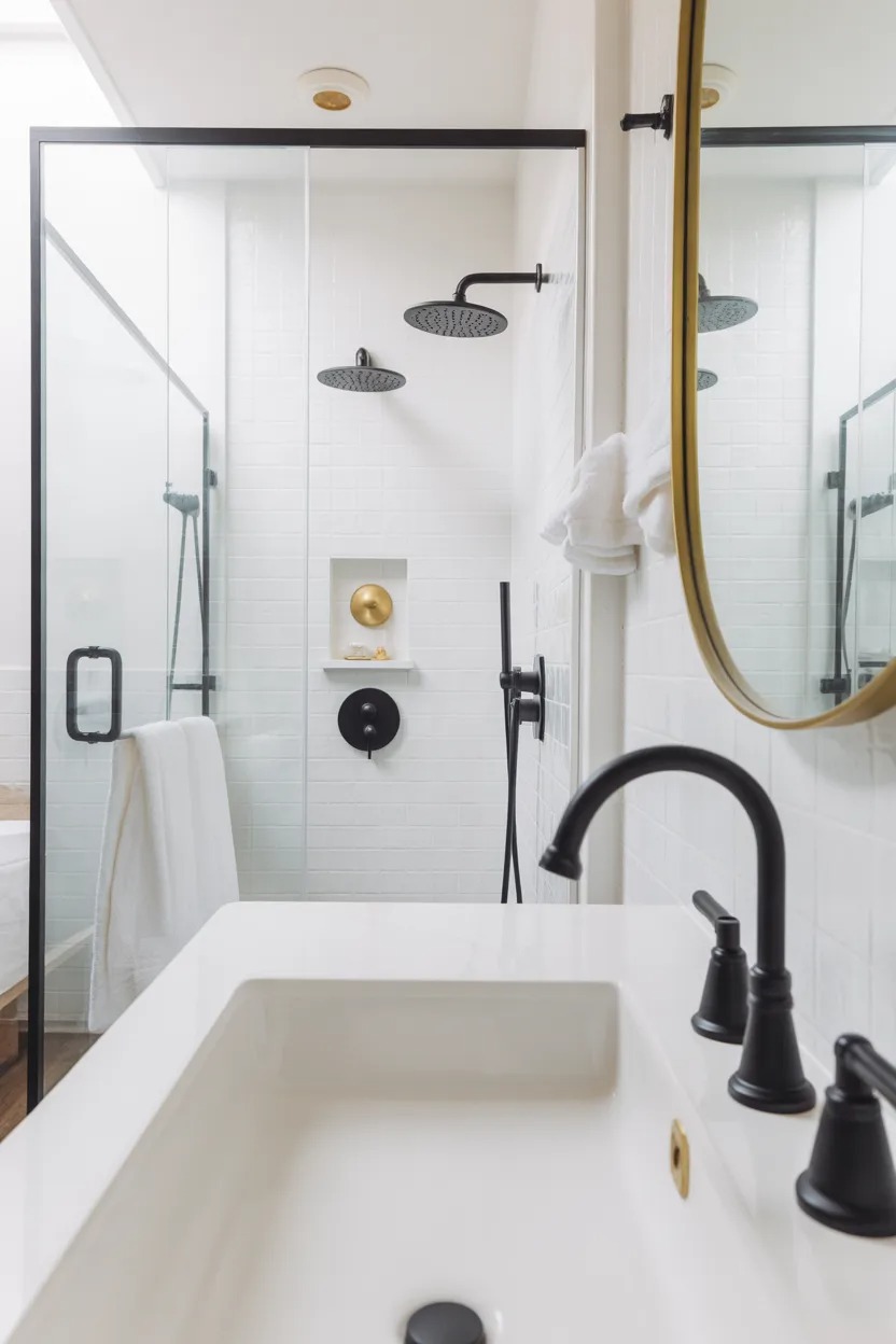 Matte black bathroom fixtures with gold mirror and accessories for a cohesive modern luxury look