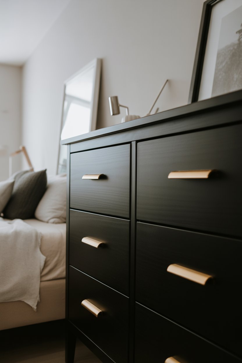 Matte black IKEA dresser with gold handles in a sleek minimalist bedroom setup