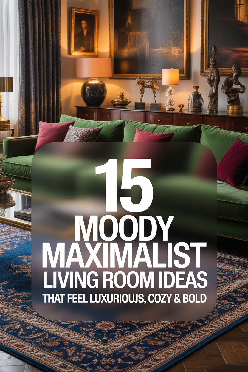 Maximalist living room ideas featuring moody colors, layered decor, velvet textures, ambient lighting, and a cozy luxurious interior with bold personality