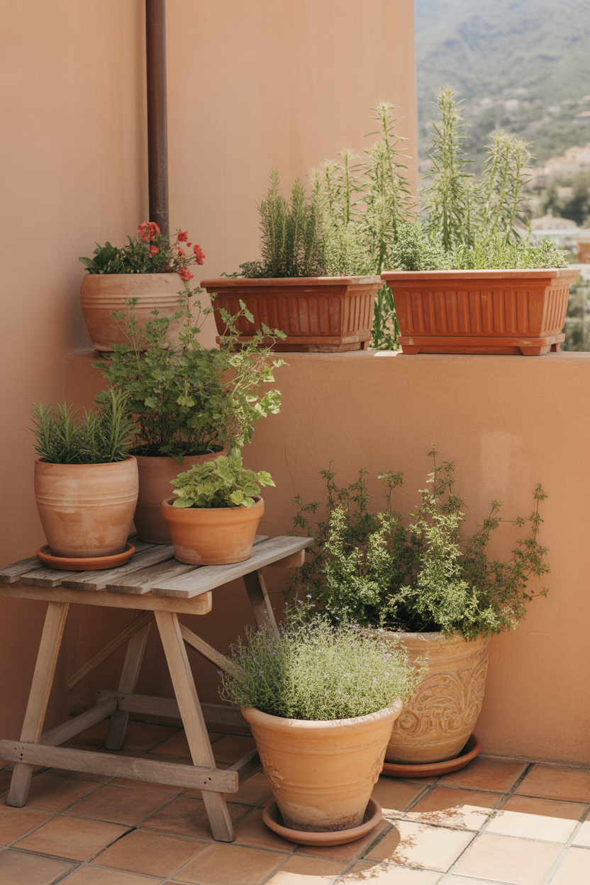 Earthy terracotta pot balcony garden with Mediterranean spring style